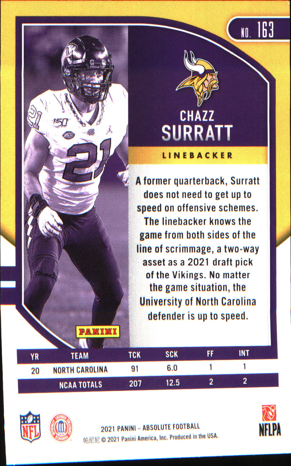 2021 Panini Absolute Yellow #163 Chazz Surratt Rookie - Veteran Sports Cards FL