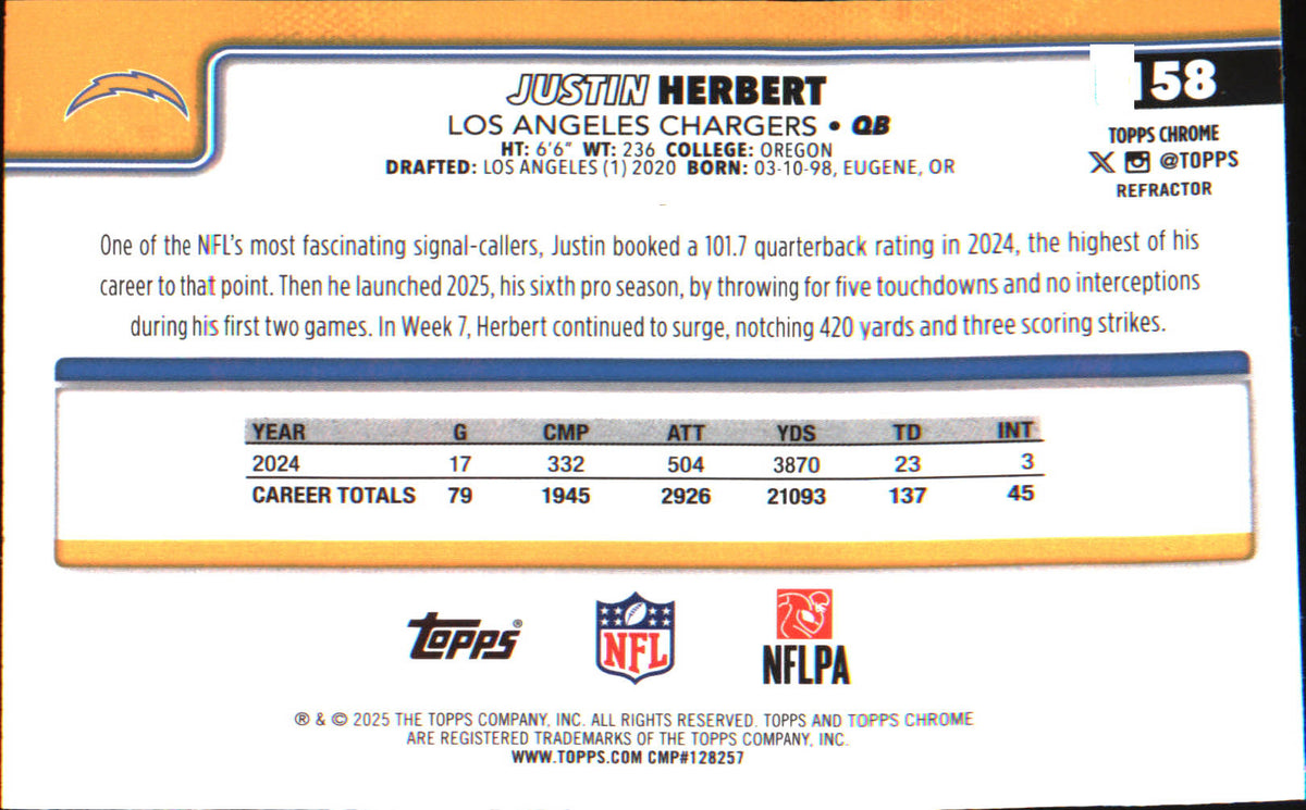 2025 Topps Chrome Refractor #158 Justin Herbert - Veteran Sports Cards FL