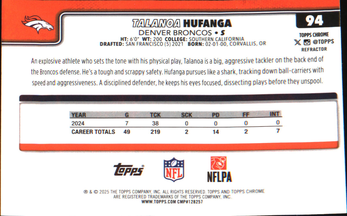 2025 Topps Chrome Refractor #94 Talanoa Hufanga - Veteran Sports Cards FL
