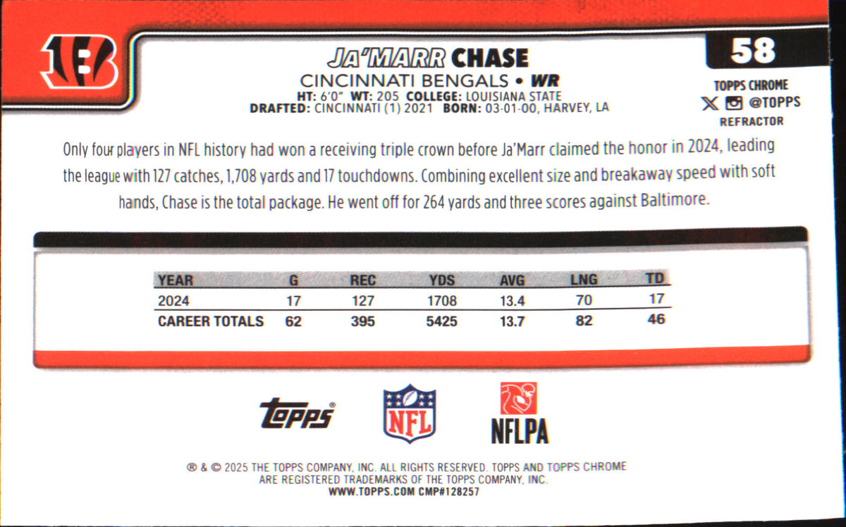 2025 Topps Chrome Refractor #58 Ja'Marr Chase - Veteran Sports Cards FL