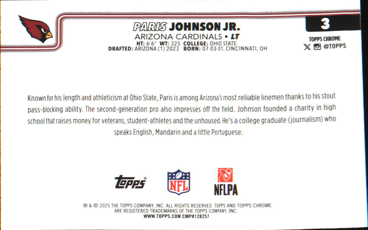 2025 Topps Chrome #3 Paris Johnson Jr. - Veteran Sports Cards FL