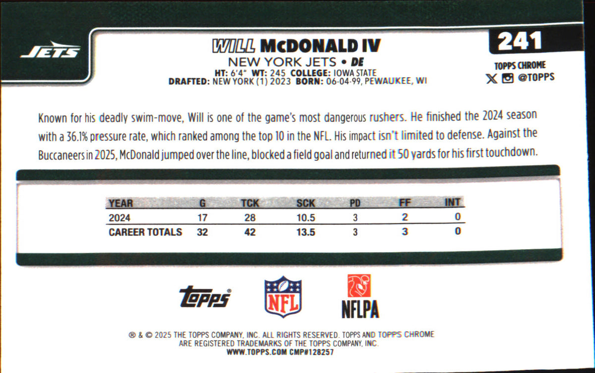 2025 Topps Chrome #241 Will McDonald IV - Veteran Sports Cards FL