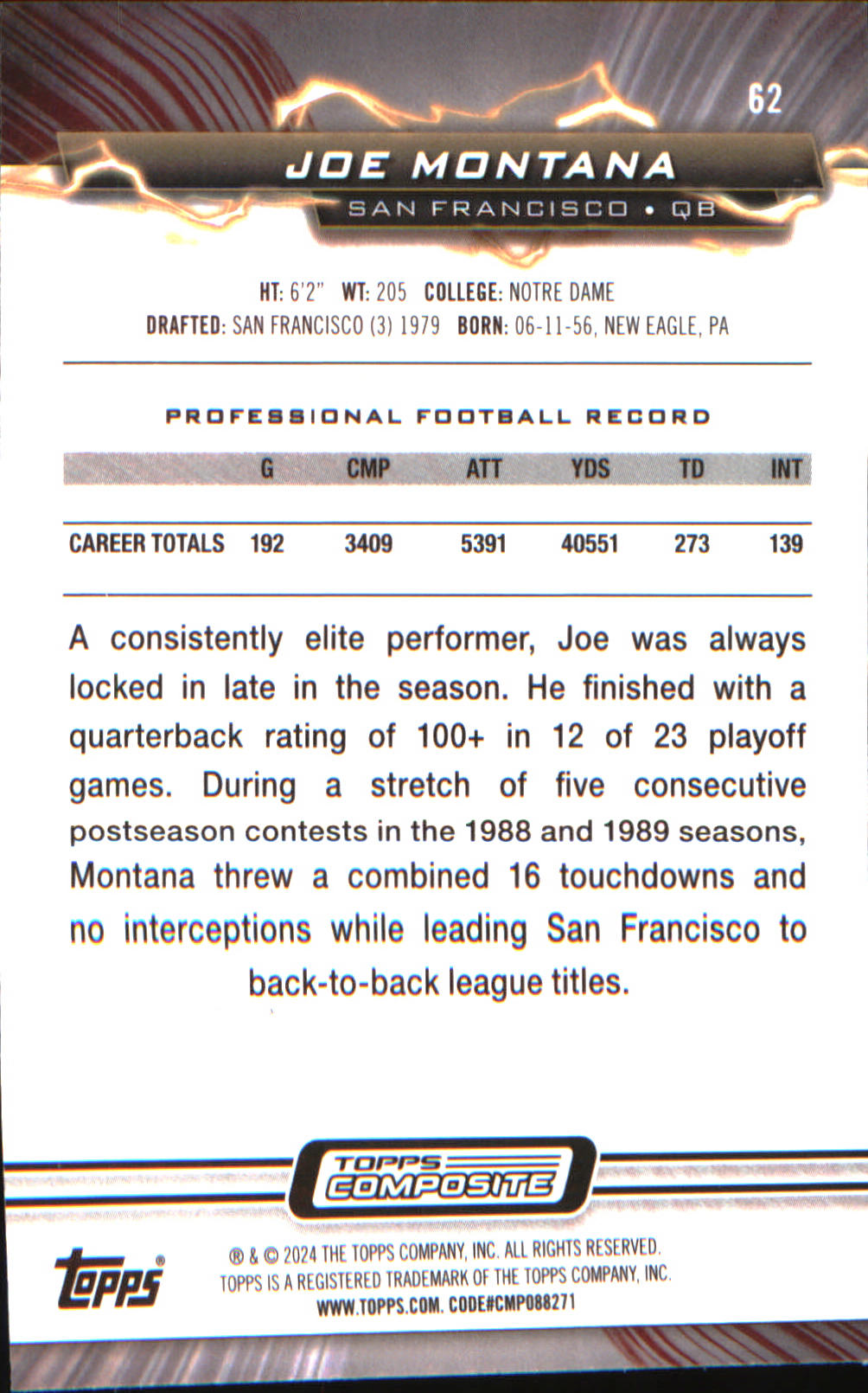 2023 Topps Composite Resurgence Prism Refractor #62 Joe Montana - Veteran Sports Cards FL