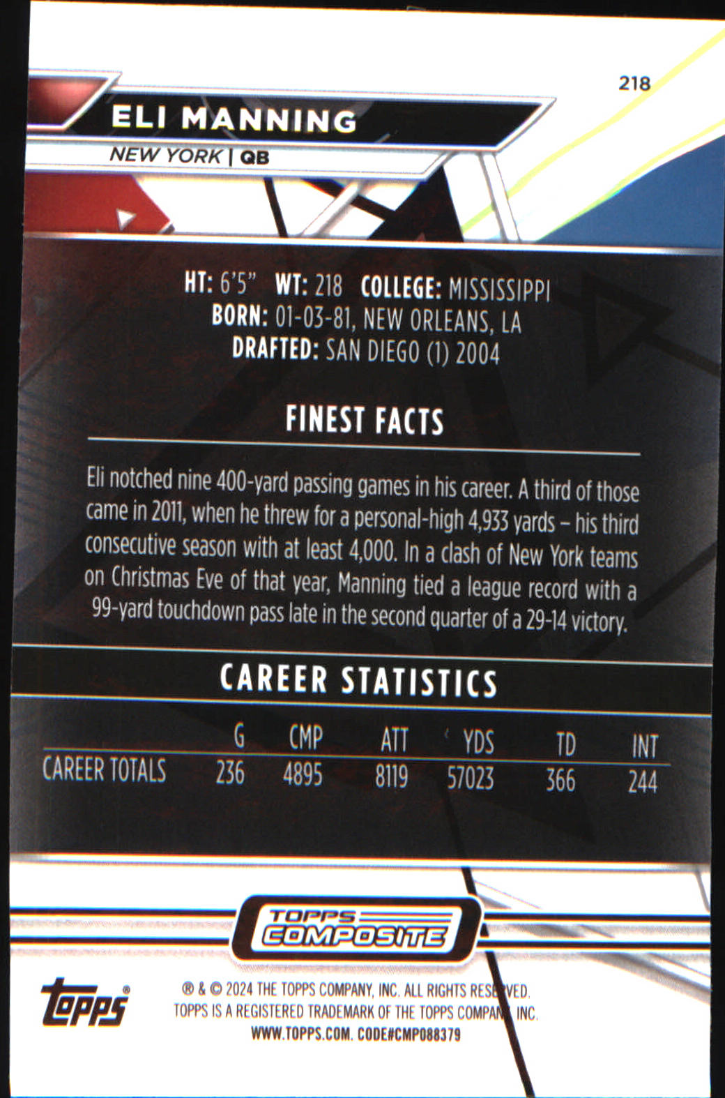 2023 Topps Composite Finest #218 Eli Manning - Veteran Sports Cards FL