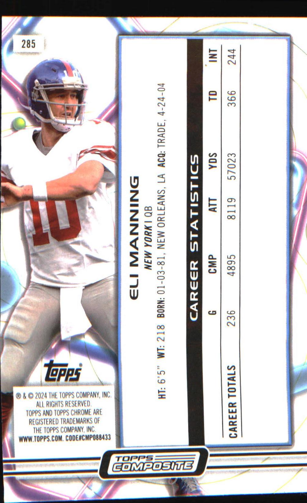 2023 Topps Composite #285 Eli Manning - Veteran Sports Cards FL