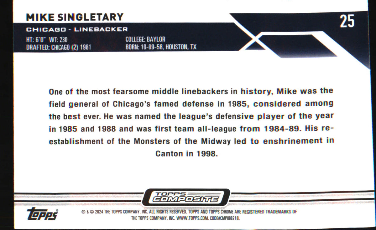 2023 Topps Composite Topps Chrome X-Fractor #25 Mike Singletary - Veteran Sports Cards FL