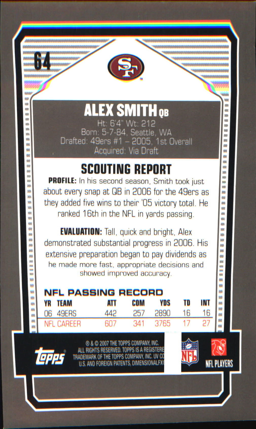 2007 Topps Draft Picks & Prospects Chrome Black #64 Alex Smith - Veteran Sports Cards FL