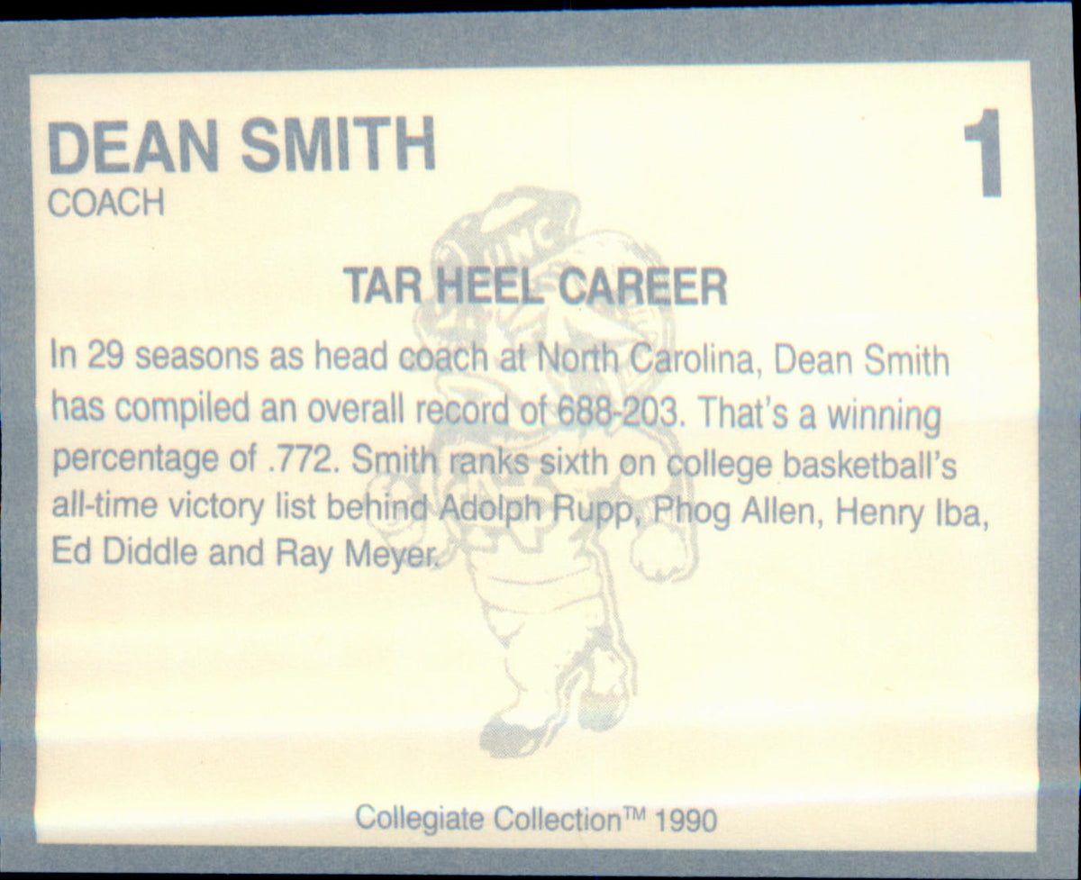 1990-91 Collegiate Collection North Carolina Tar Heels #1 Dean Smith - Veteran Sports Cards FL