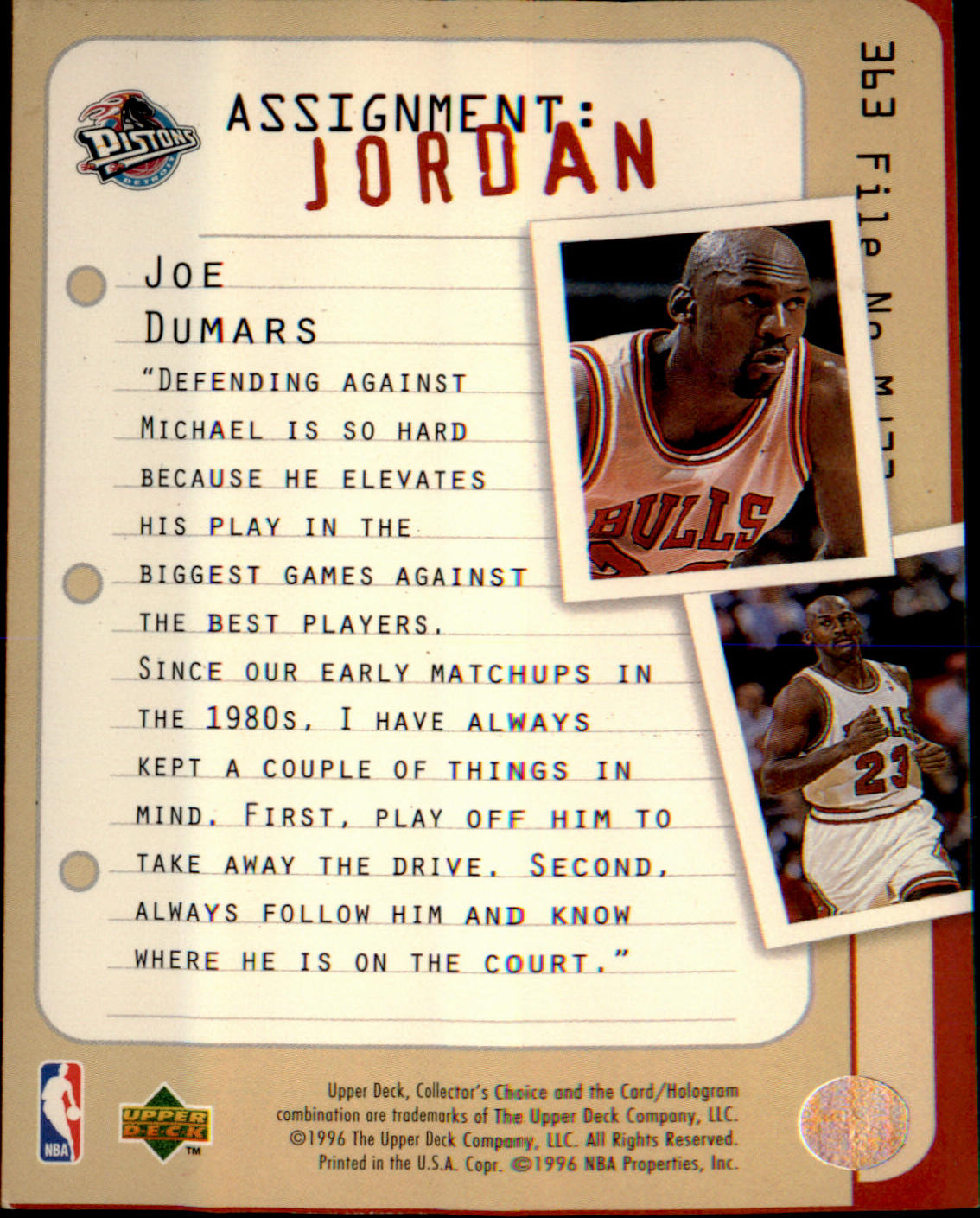 1996-97 Collector's Choice #363 Joe Dumars "Assignment:Jordan" - Veteran Sports Cards FL