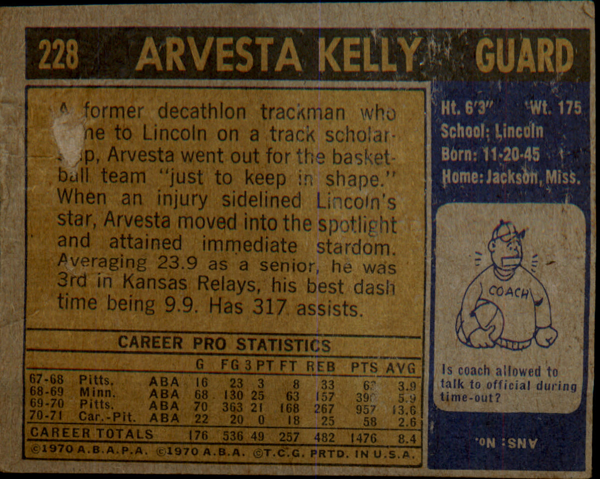 1971-72 Topps #228 Arvesta Kelly Rookie Rookie - Veteran Sports Cards FL