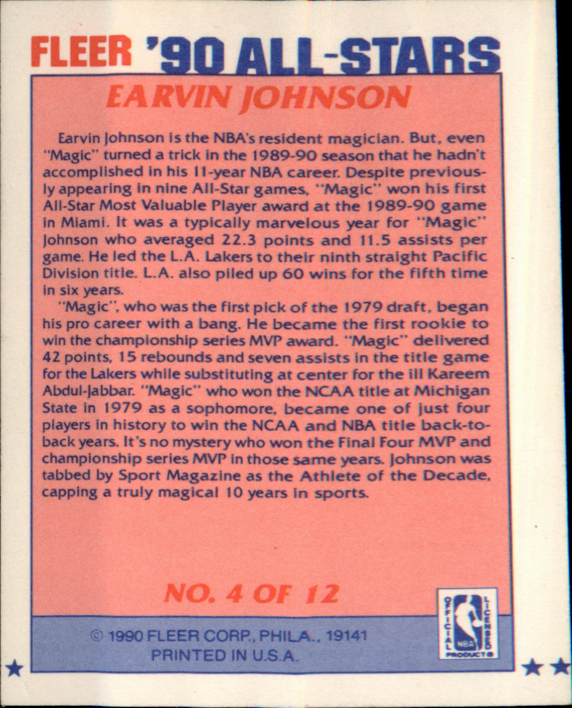 1990-91 Fleer All-Stars #4 Earvin Johnson - Veteran Sports Cards FL