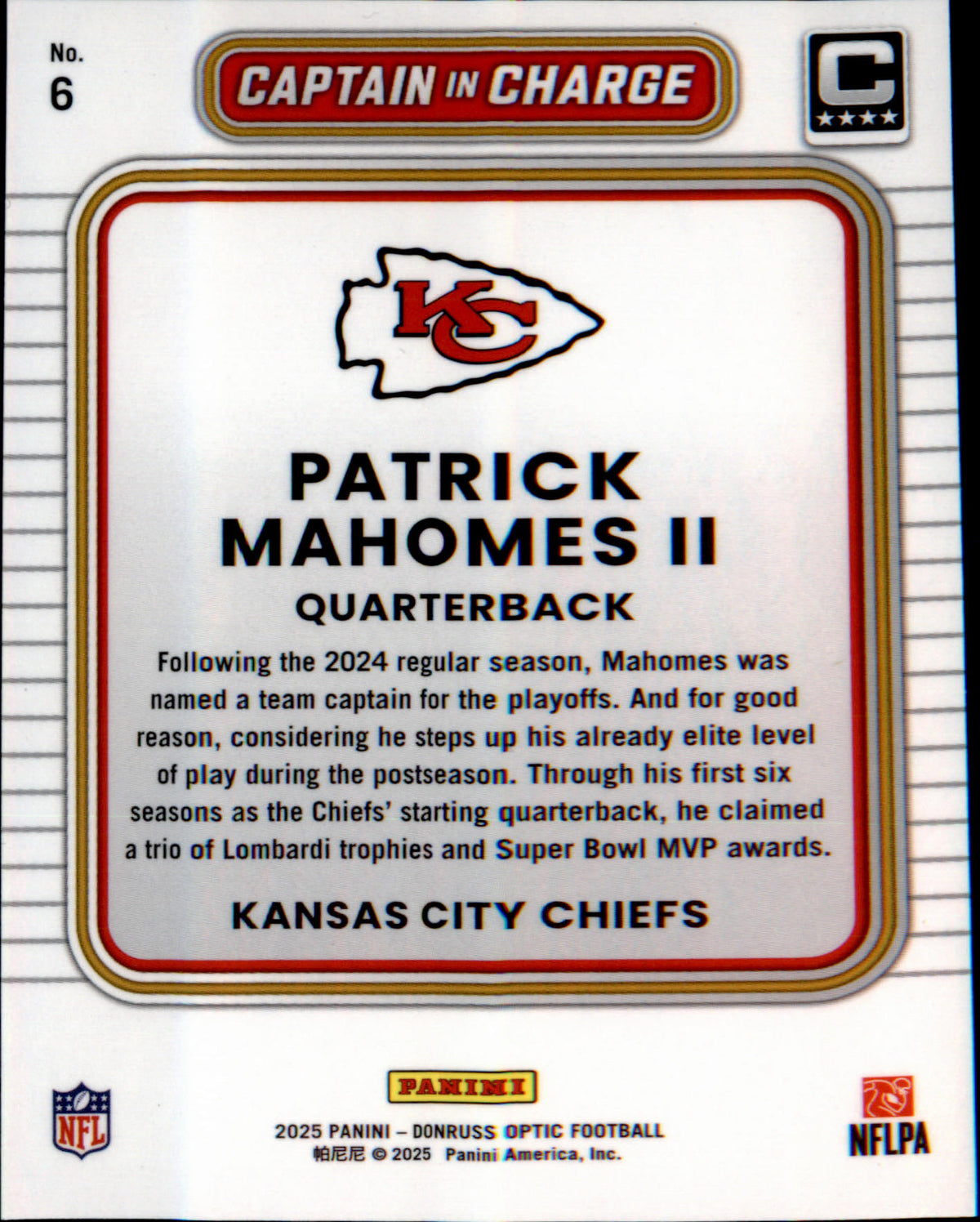 2025 Donruss Optic Captain in Charge #6 Patrick Mahomes II - Veteran Sports Cards FL