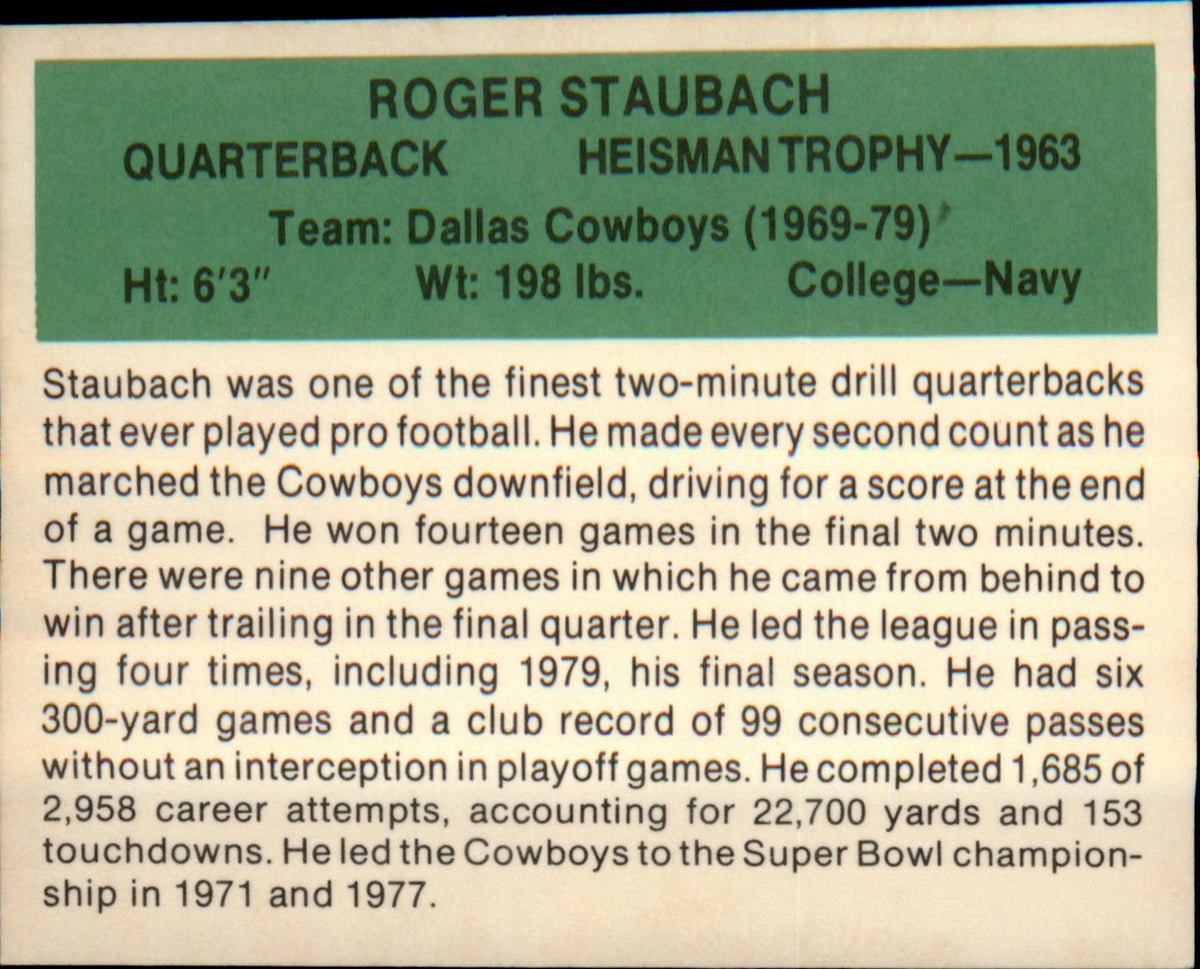 1987 Hygrade football's All-Time Greats #NNO Roger Staubach - Veteran Sports Cards FL