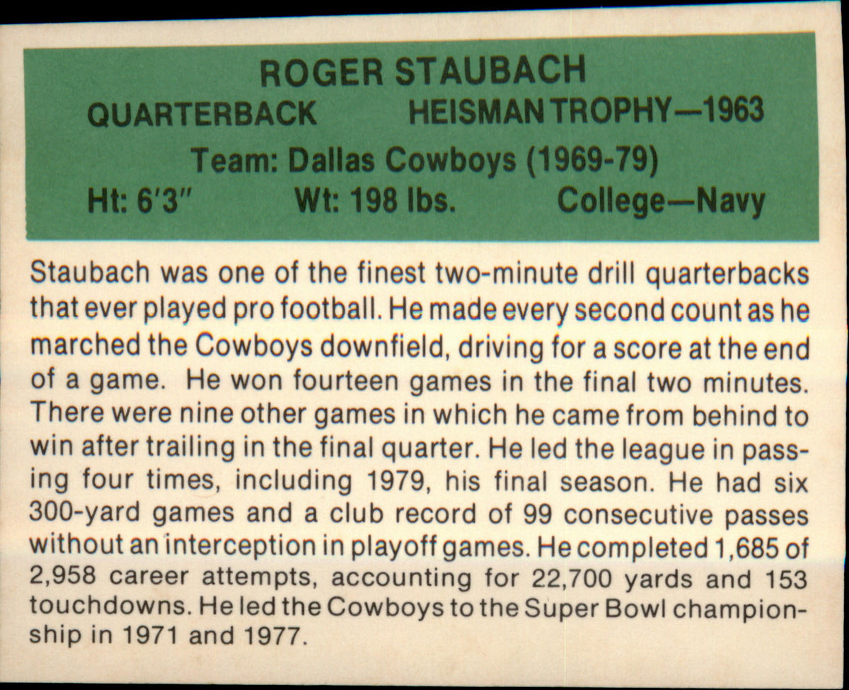 1987 Hygrade football's All-Time Greats #NNO Roger Staubach - Veteran Sports Cards FL