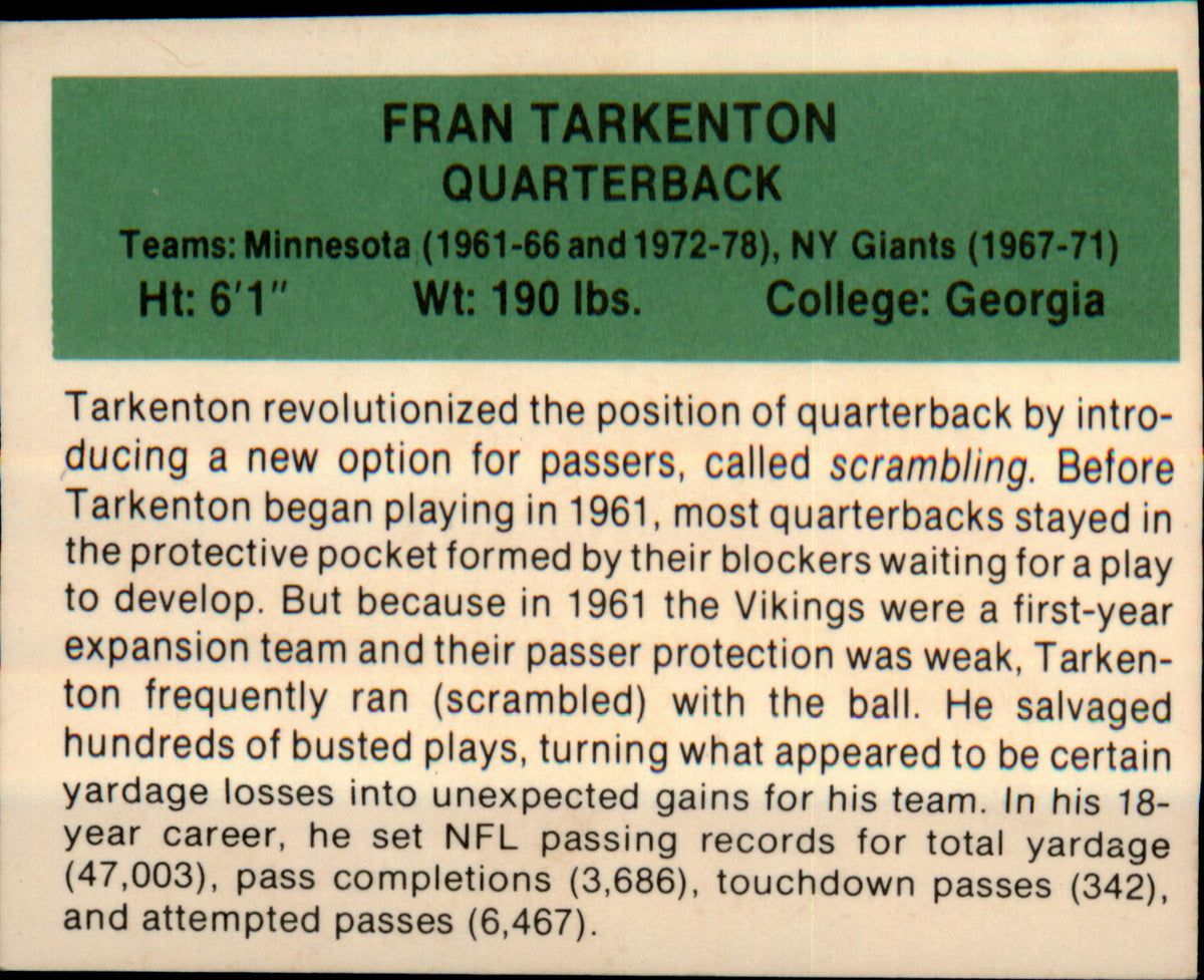 1987 Hygrade football's All-Time Greats #NNO Fran Tarkenton - Veteran Sports Cards FL