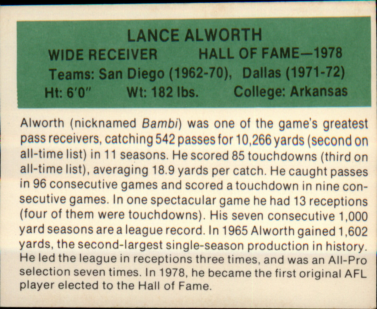 1987 Hygrade football's All-Time Greats #NNO Lance Alworth - Veteran Sports Cards FL