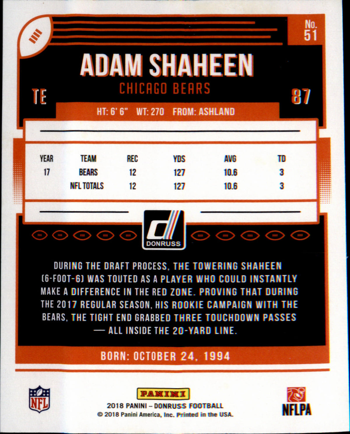 2018 Donruss #51 Adam Shaheen - Veteran Sports Cards FL