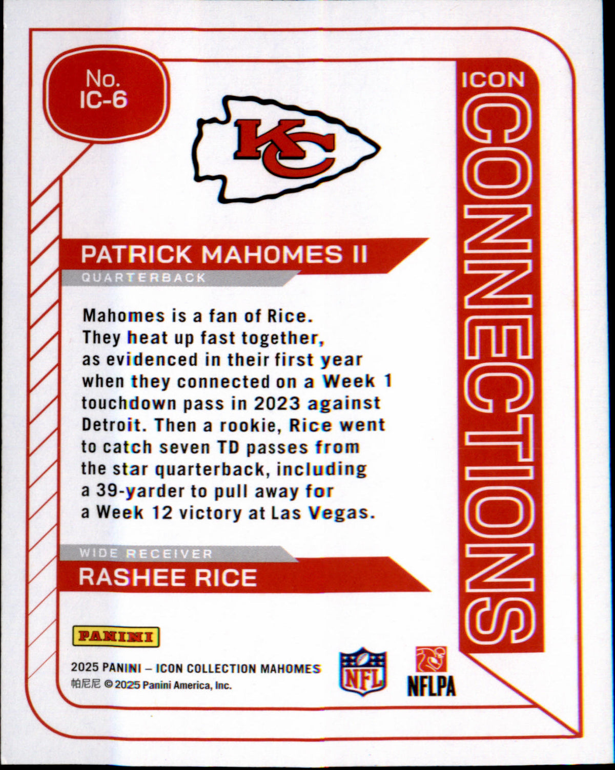2025 Panini Icon Red Foil Icon Connections IC-6 patrick mahomes II Rashee Rice - Veteran Sports Cards FL