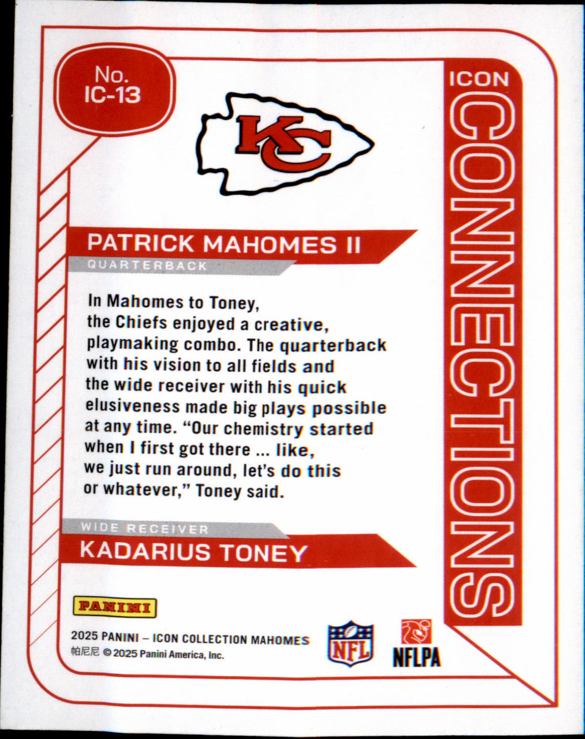 Patrick Mahomes Kadarius Toney #IC-13 2025 Panini Icon Collection Mahomes Chiefs - Veteran Sports Cards FL
