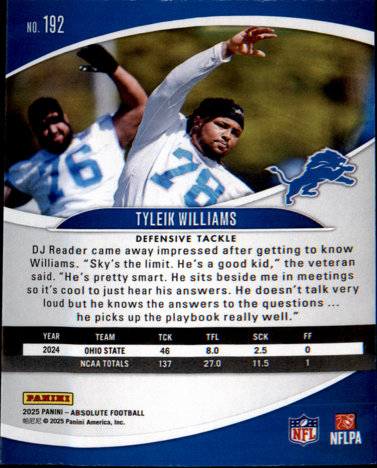 2025 Panini Absolute Retail #192 Tyleik Williams Rookie Rookie - Veteran Sports Cards FL