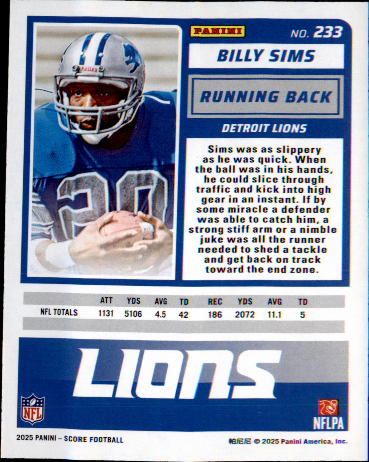 2025 Score Spokes #233 Billy Sims SN #/415