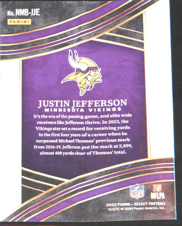 2023 Panini Select Numbers #NMB-JJE Justin Jefferson - Veteran Sports Cards FL