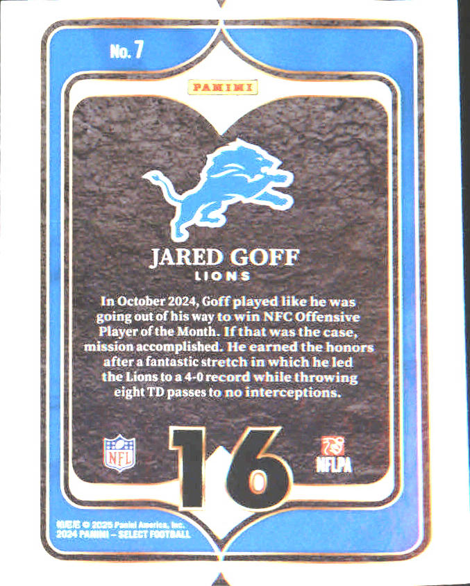 2024 Panini Select Select Numbers #7 Jared Goff - Veteran Sports Cards FL