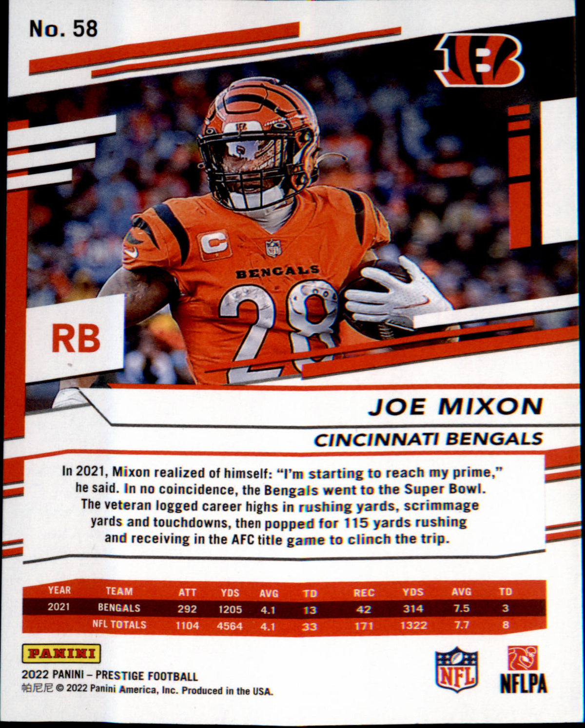 2022 Panini Prestige #58 Joe Mixon - Veteran Sports Cards FL