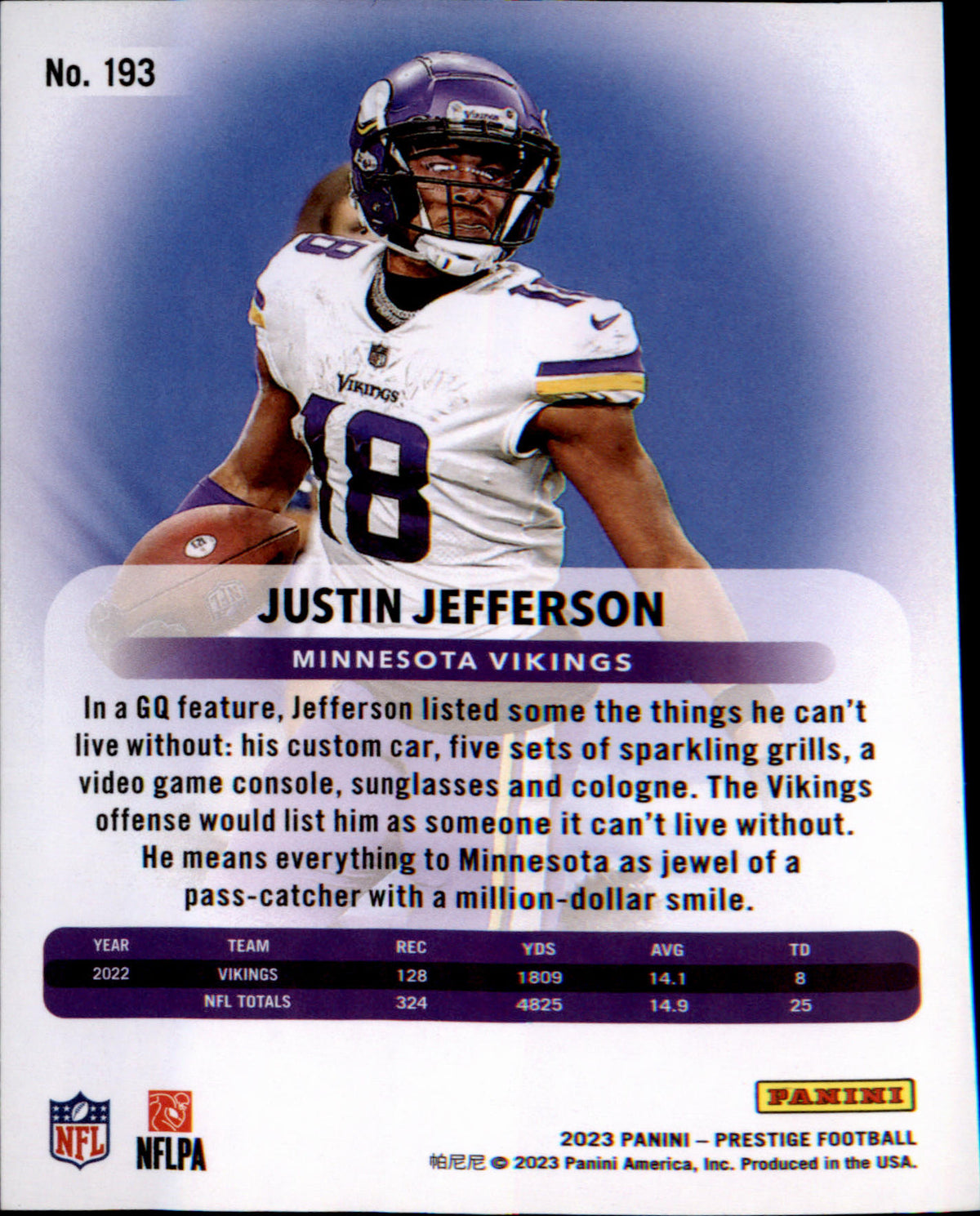 2023 Panini Prestige #193 Justin Jefferson - Veteran Sports Cards FL