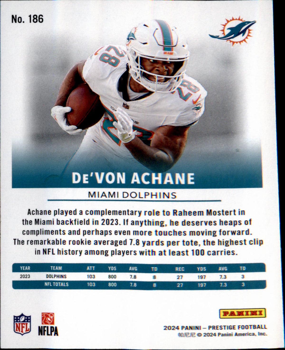 2024 Panini Prestige #186 De'Von Achane - Veteran Sports Cards FL