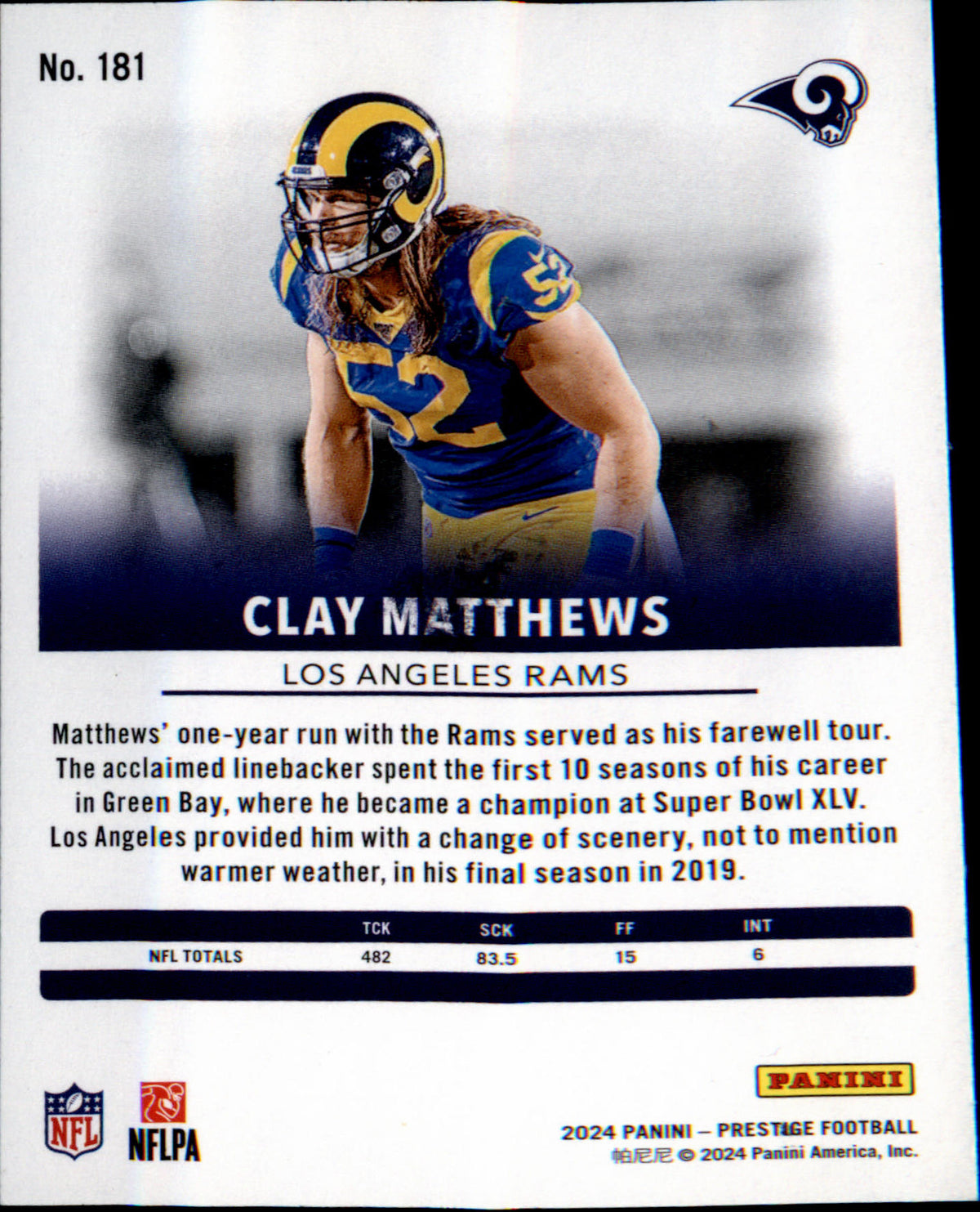 2024 Panini Prestige #181 Clay Matthews - Veteran Sports Cards FL