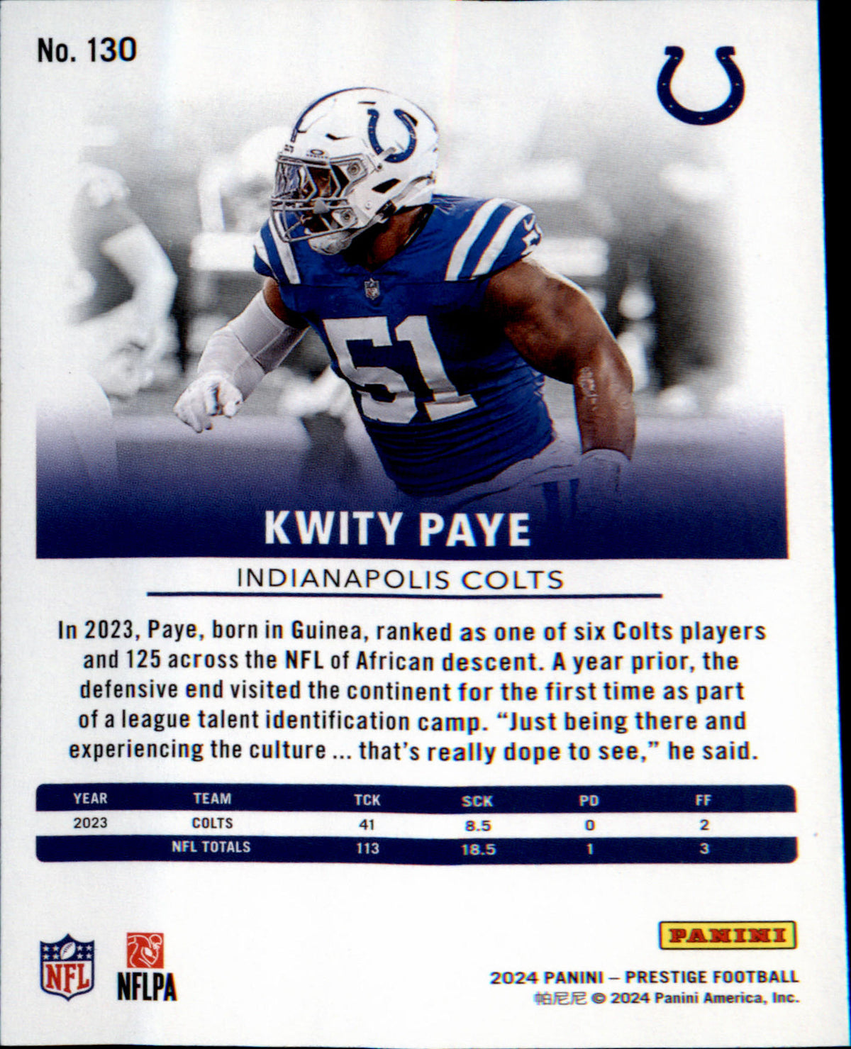 2024 Panini Prestige #130 Kwity Paye - Veteran Sports Cards FL