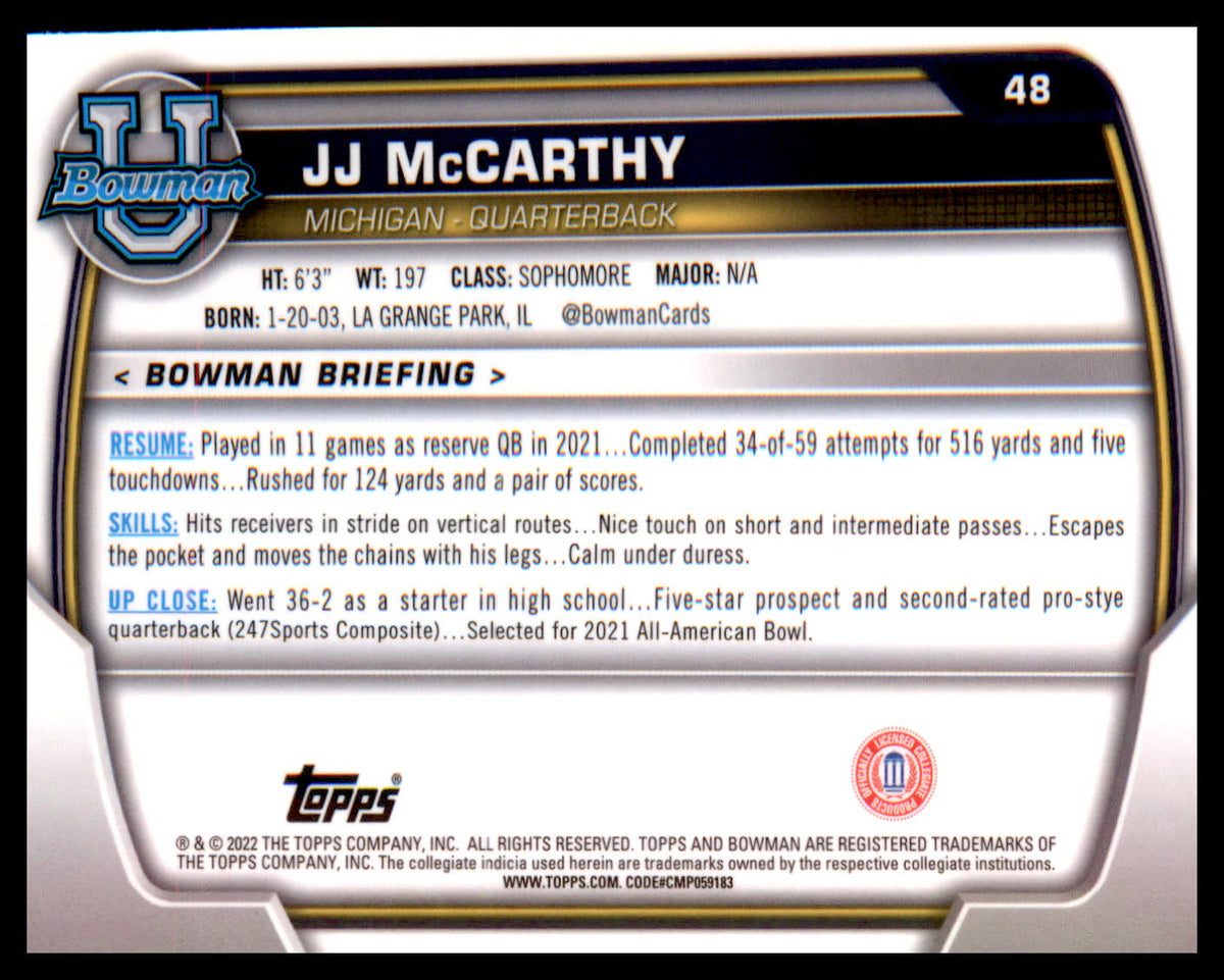 2022 Bowman University Chrome #48 JJ McCarthy - Veteran Sports Cards FL