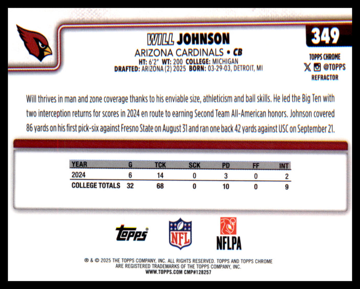 2025 Topps Chrome Refractor #349 Will Johnson Rookie Rookie - Veteran Sports Cards FL