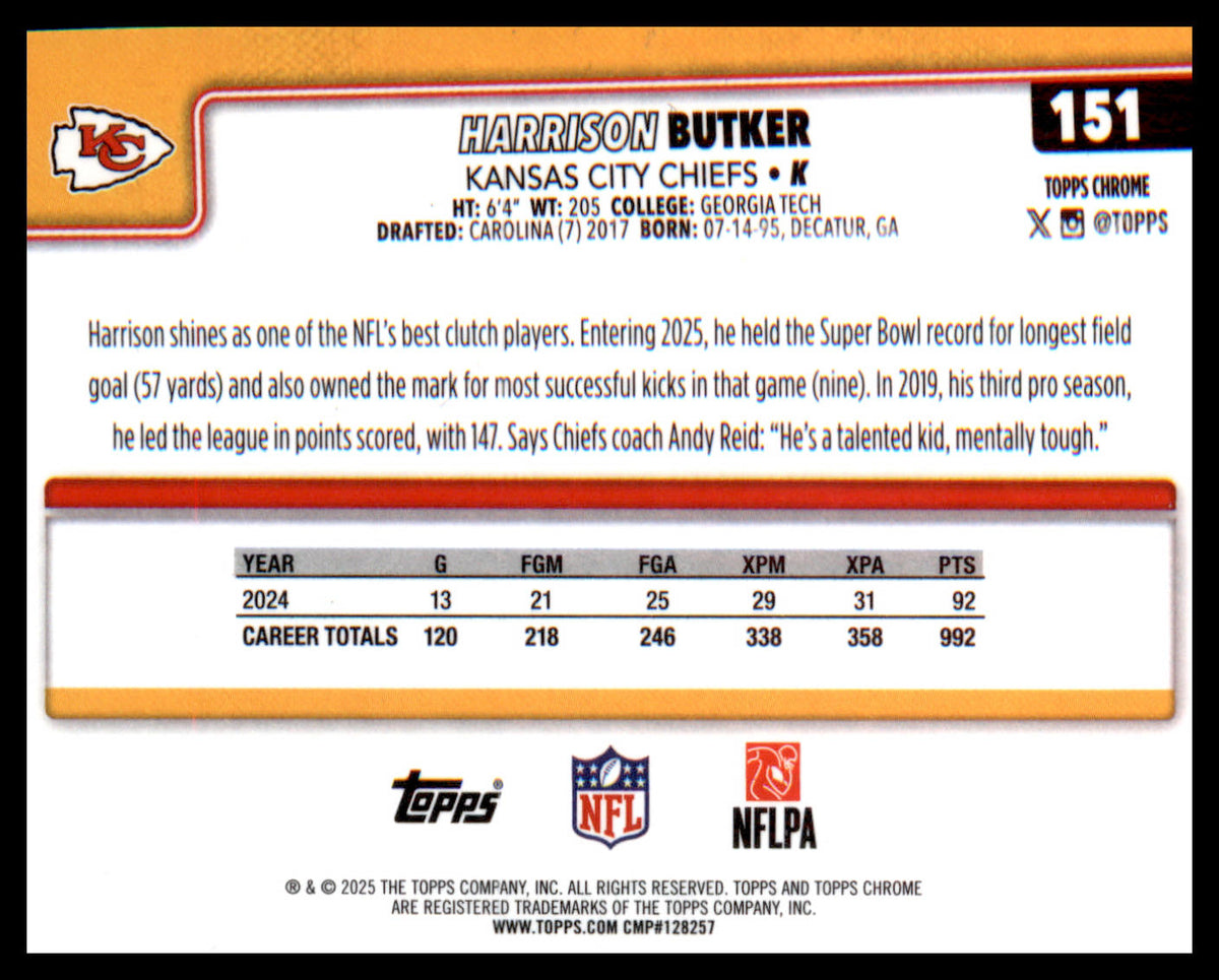 2025 Topps Chrome #151 Harrison Butker - Veteran Sports Cards FL