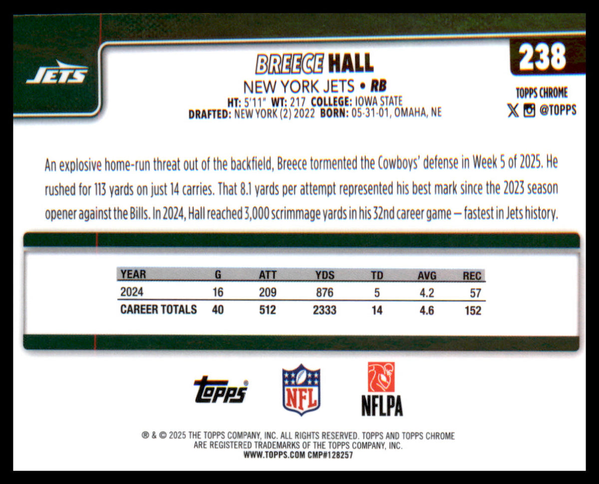 2025 Topps Chrome #238 Breece Hall - Veteran Sports Cards FL