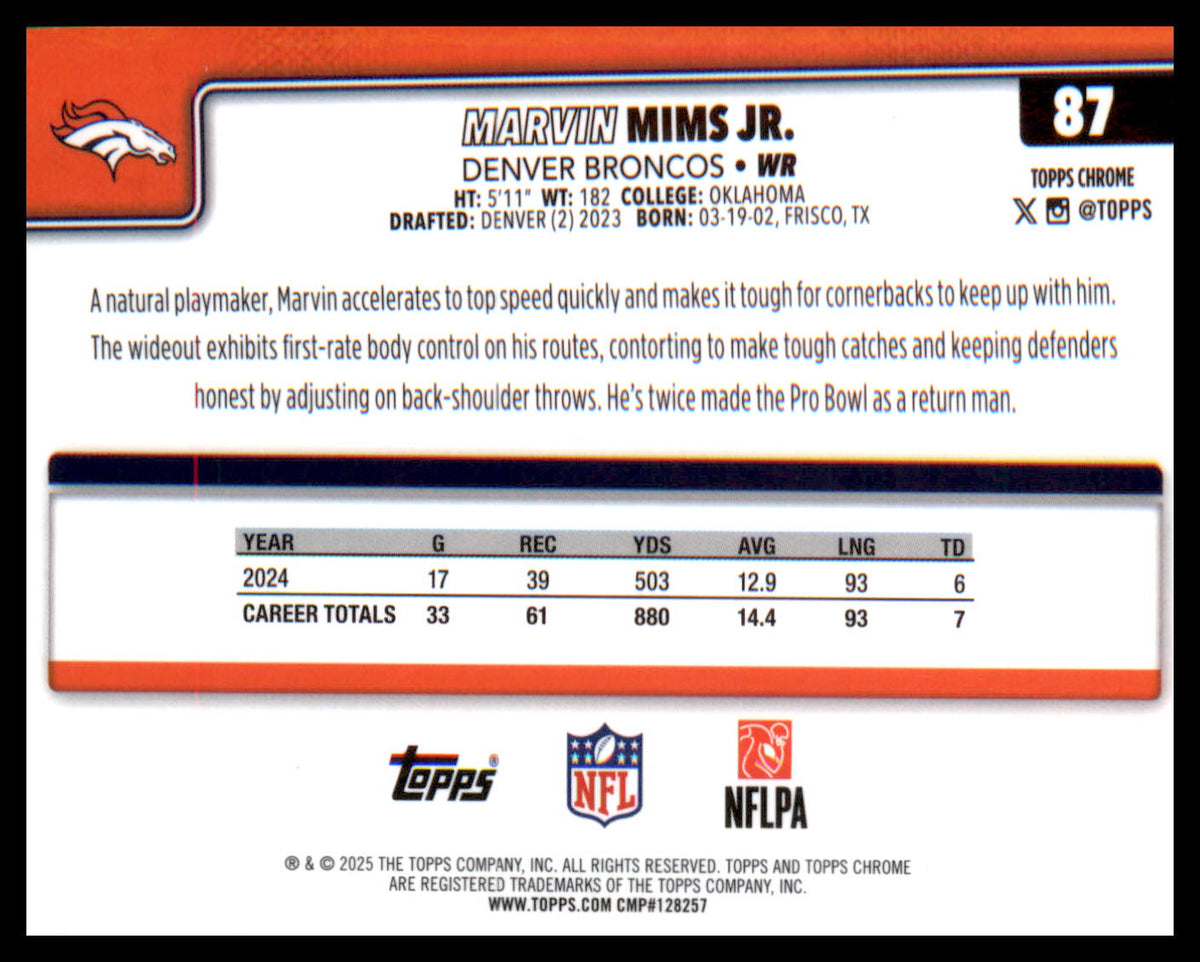 2025 Topps Chrome #87 Marvin Mims Jr. - Veteran Sports Cards FL