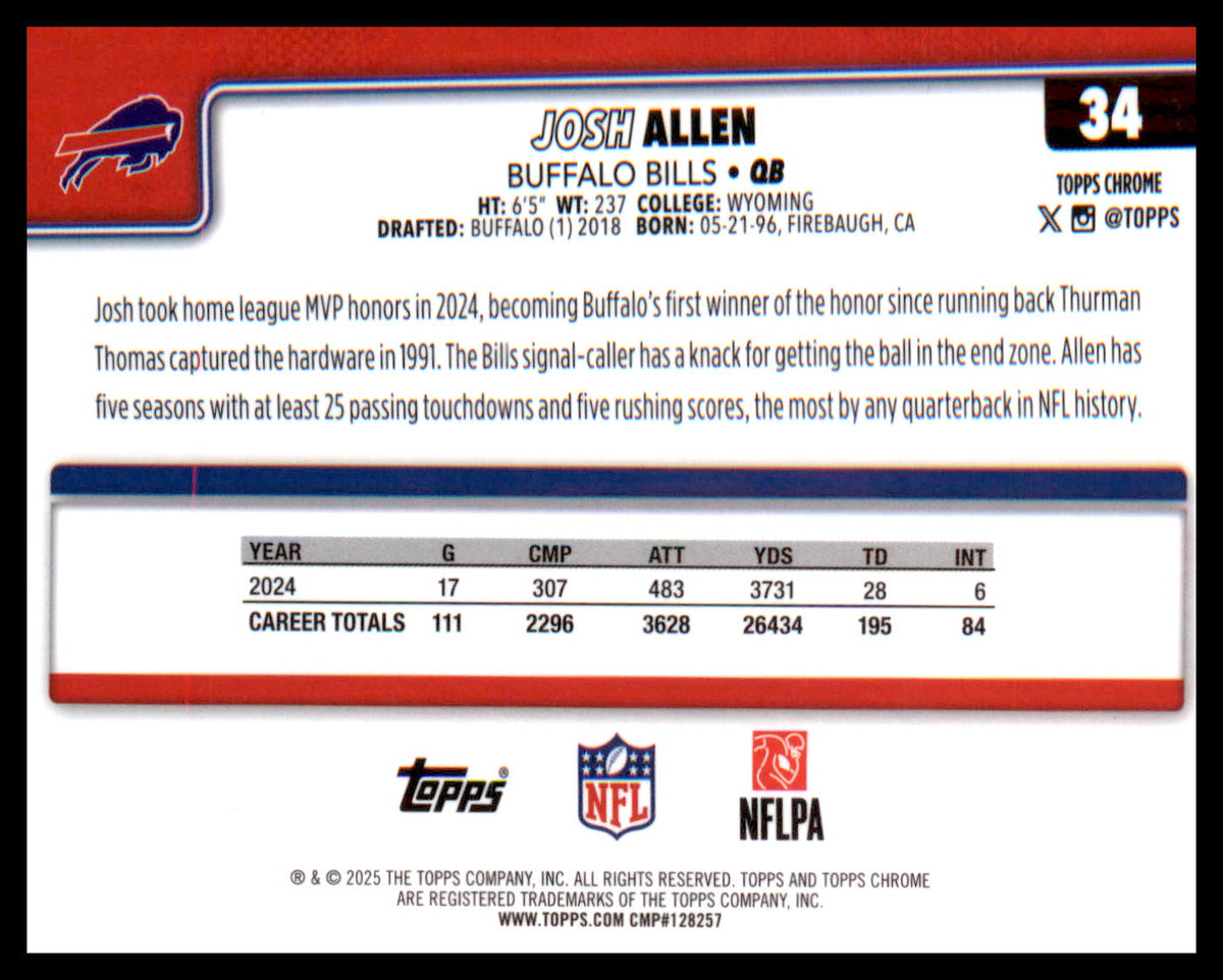 2025 Topps Chrome #34 Josh Allen - Veteran Sports Cards FL