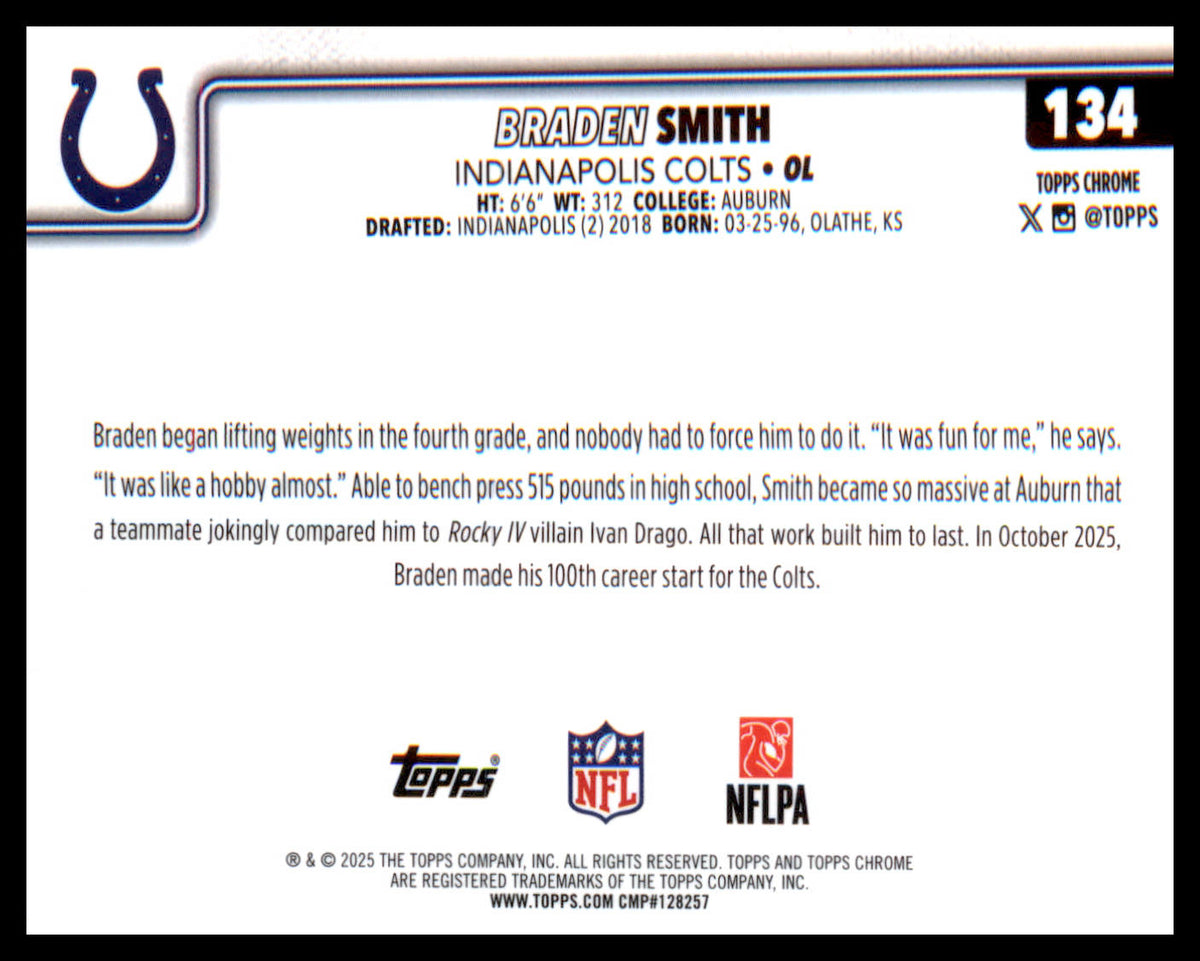 2025 Topps Chrome #134 Braden Smith - Veteran Sports Cards FL