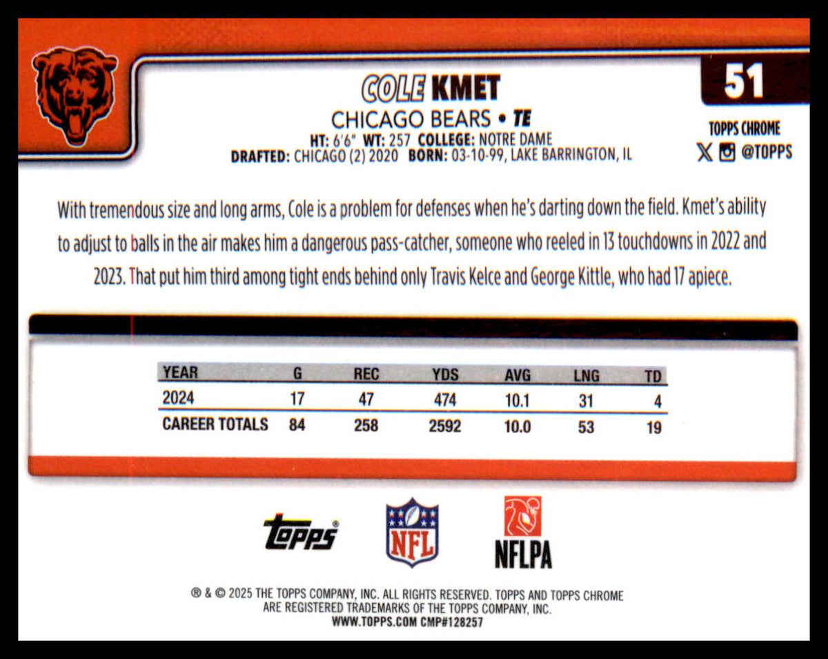 2025 Topps Chrome #51 Cole Kmet - Veteran Sports Cards FL