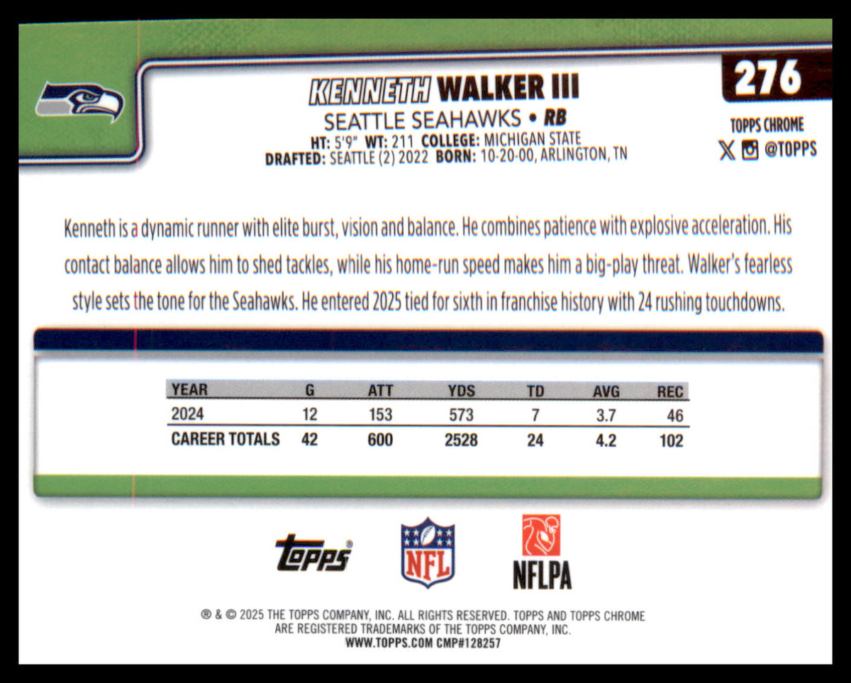2025 Topps Chrome #276 Kenneth Walker III - Veteran Sports Cards FL