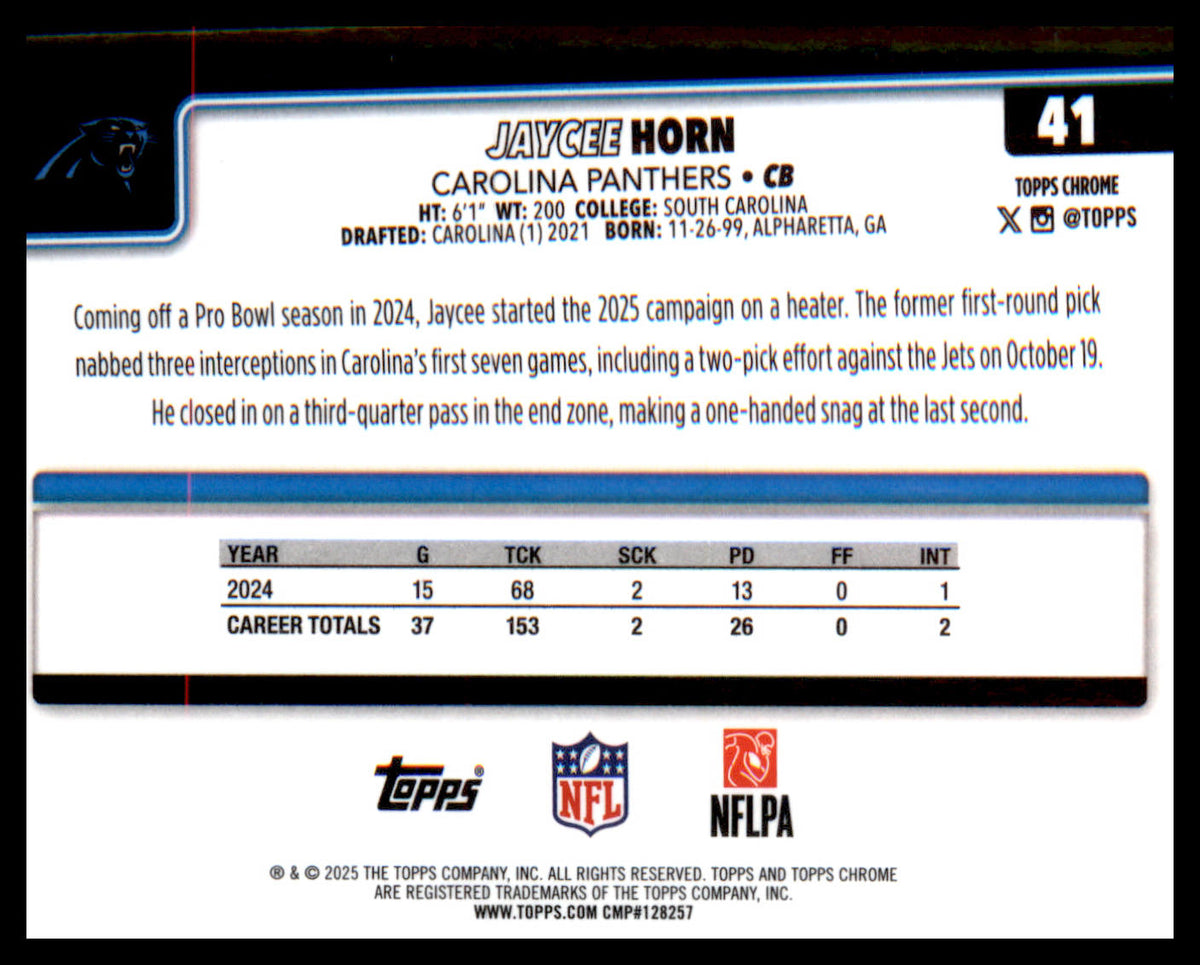 2025 Topps Chrome #41 Jaycee Horn - Veteran Sports Cards FL
