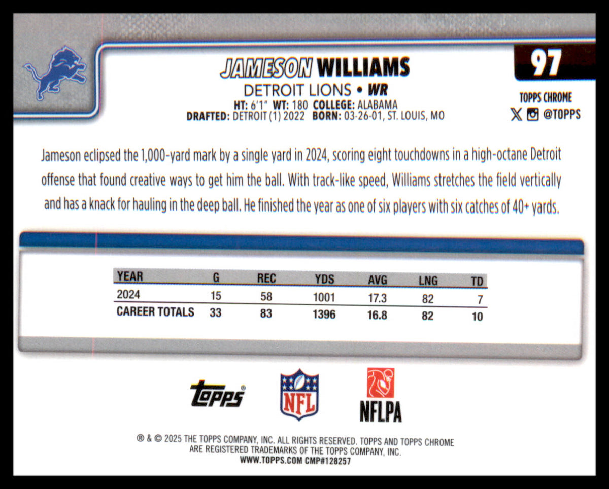 2025 Topps Chrome #97 Jameson Williams - Veteran Sports Cards FL