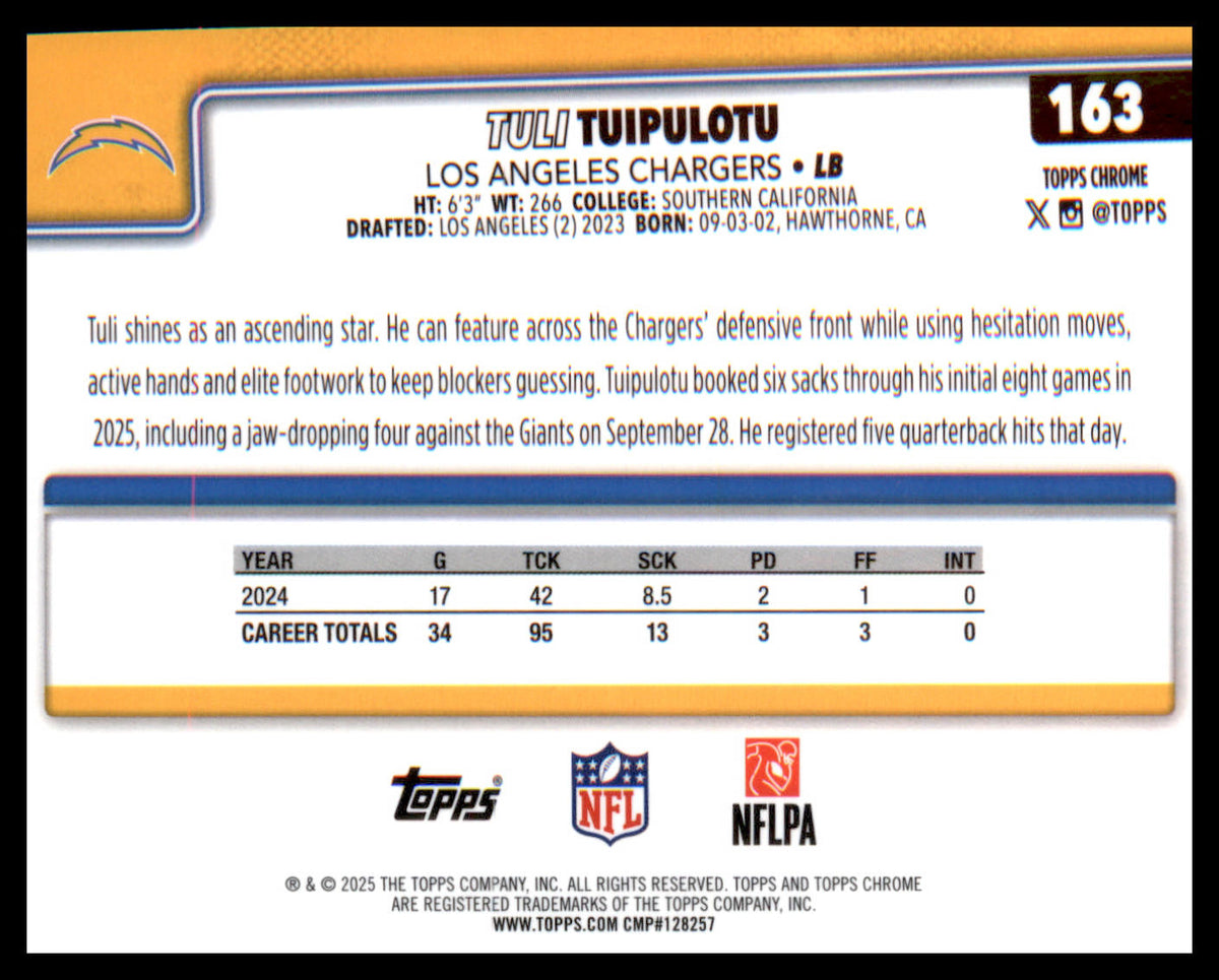 2025 Topps Chrome #163 Tuli Tuipulotu - Veteran Sports Cards FL