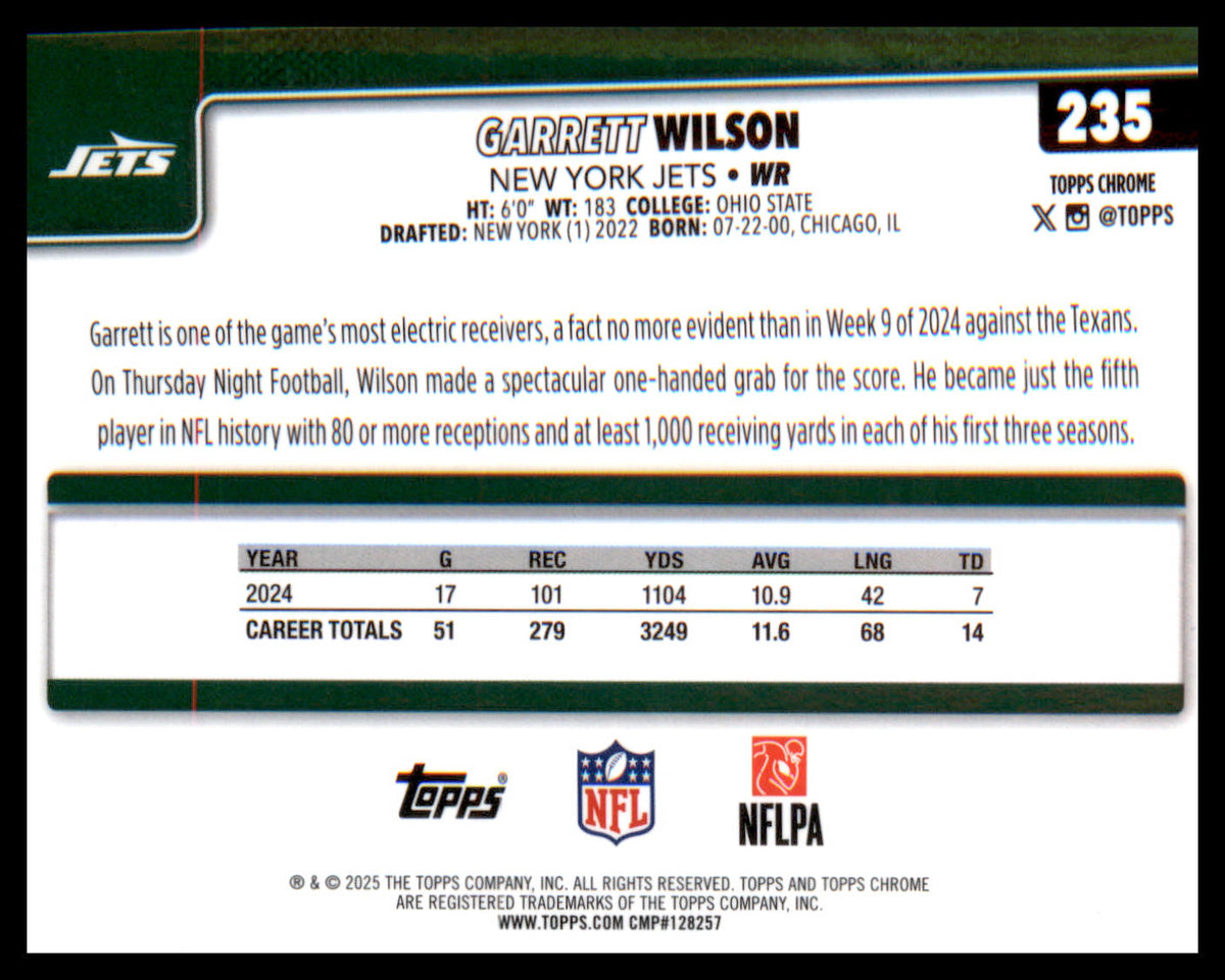 2025 Topps Chrome #235 Garrett Wilson - Veteran Sports Cards FL