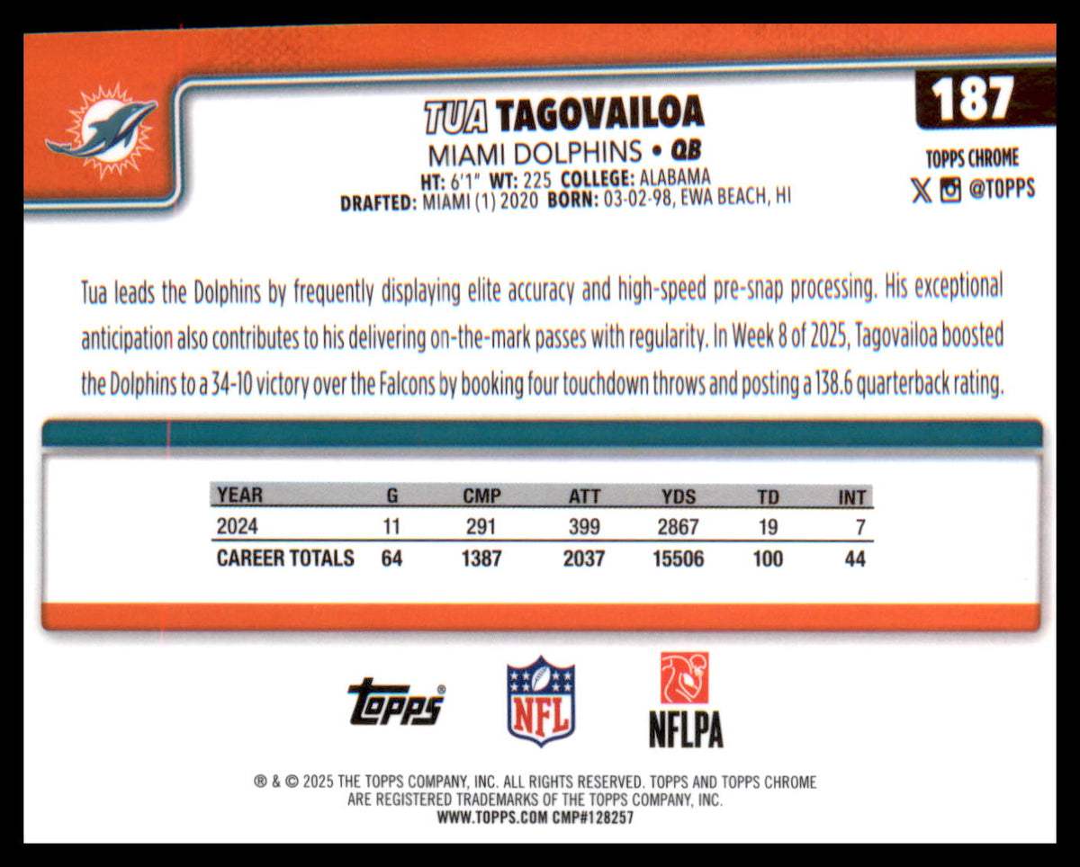 2025 Topps Chrome #187 Tua Tagovailoa - Veteran Sports Cards FL