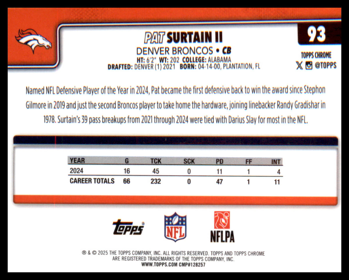 2025 Topps Chrome #93 Patrick Surtain II - Veteran Sports Cards FL
