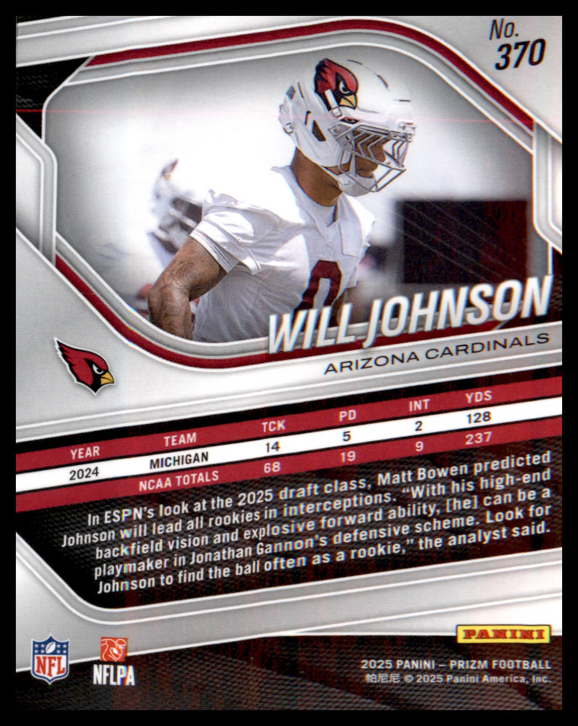 2025 Panini Prizm #370 Will Johnson Rookie Rookie - Veteran Sports Cards FL