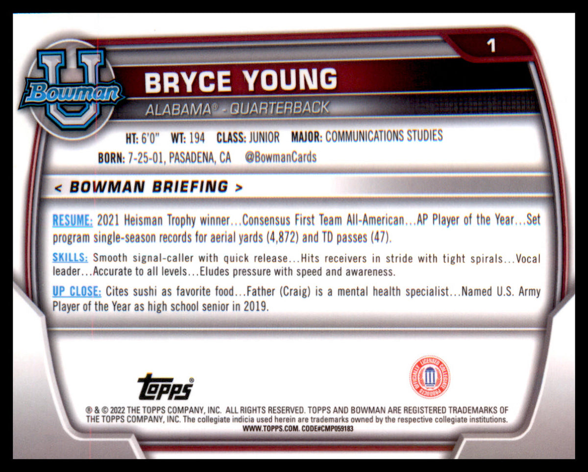 2022 Bowman University Chrome Refractor #1 Bryce Young