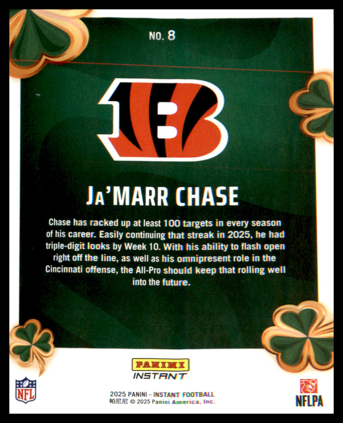 2025 Panini Instant Lucky Clover #8 Ja'Marr Chase - Veteran Sports Cards FL